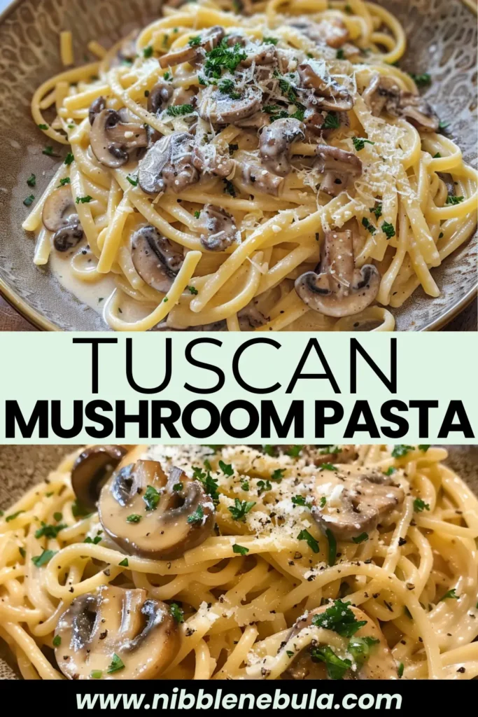 Easy homemade Tuscan Mushroom Pasta ready to serve