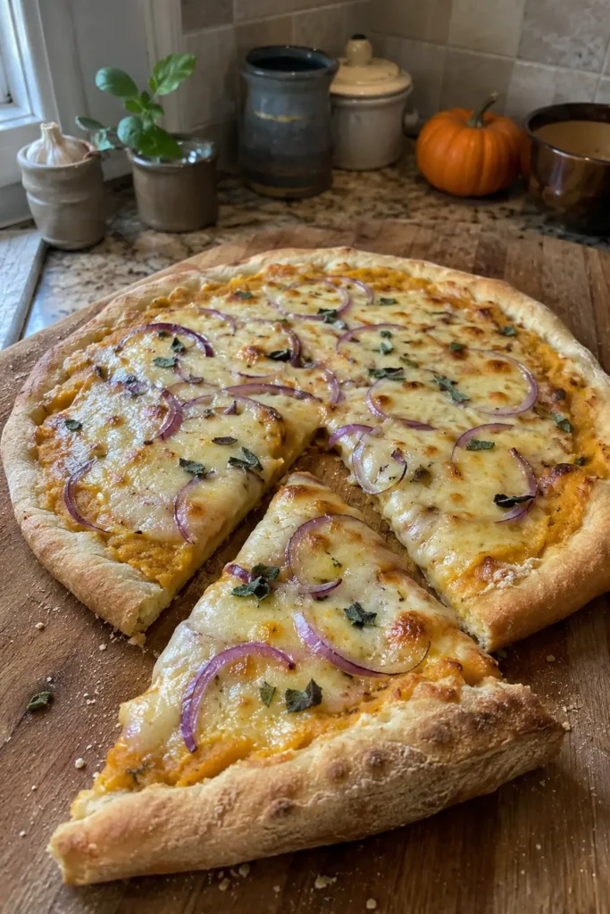 Vertical view of 5 Ingredient Pumpkin and Gouda Pizza with one slice served forward