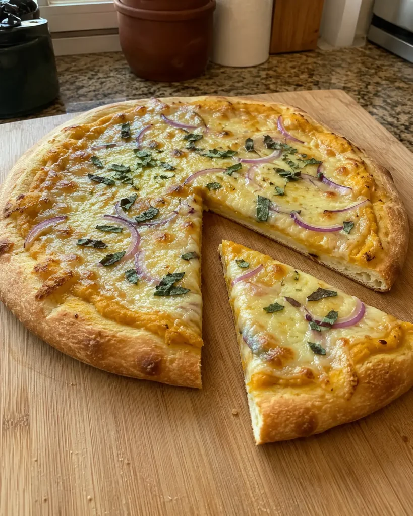 5 Ingredient Pumpkin and Gouda Pizza with melted smoked Gouda, red onion, and fresh sage