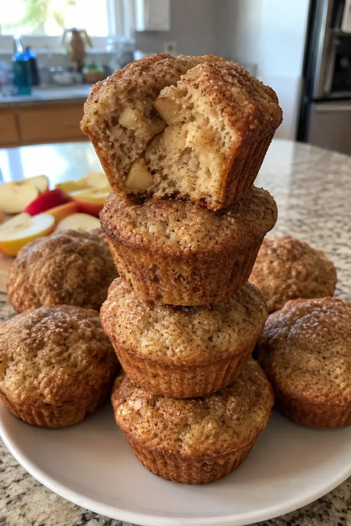Stacked Apple Cinnamon Muffins showing a soft center filled with diced apples
