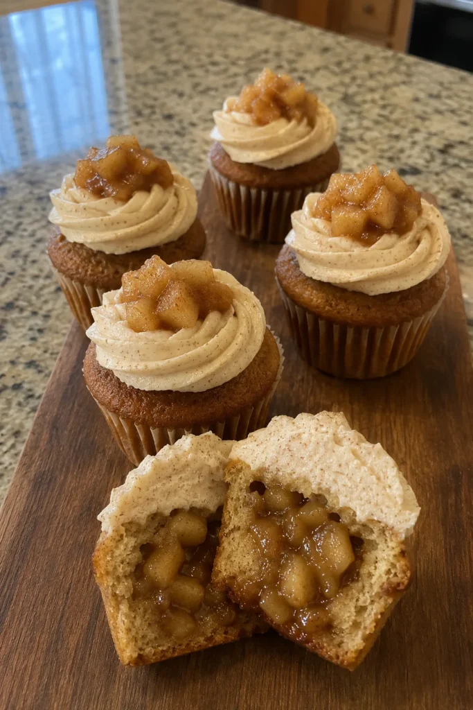 Apple Pie Cupcakes arranged vertically with one cupcake cut open