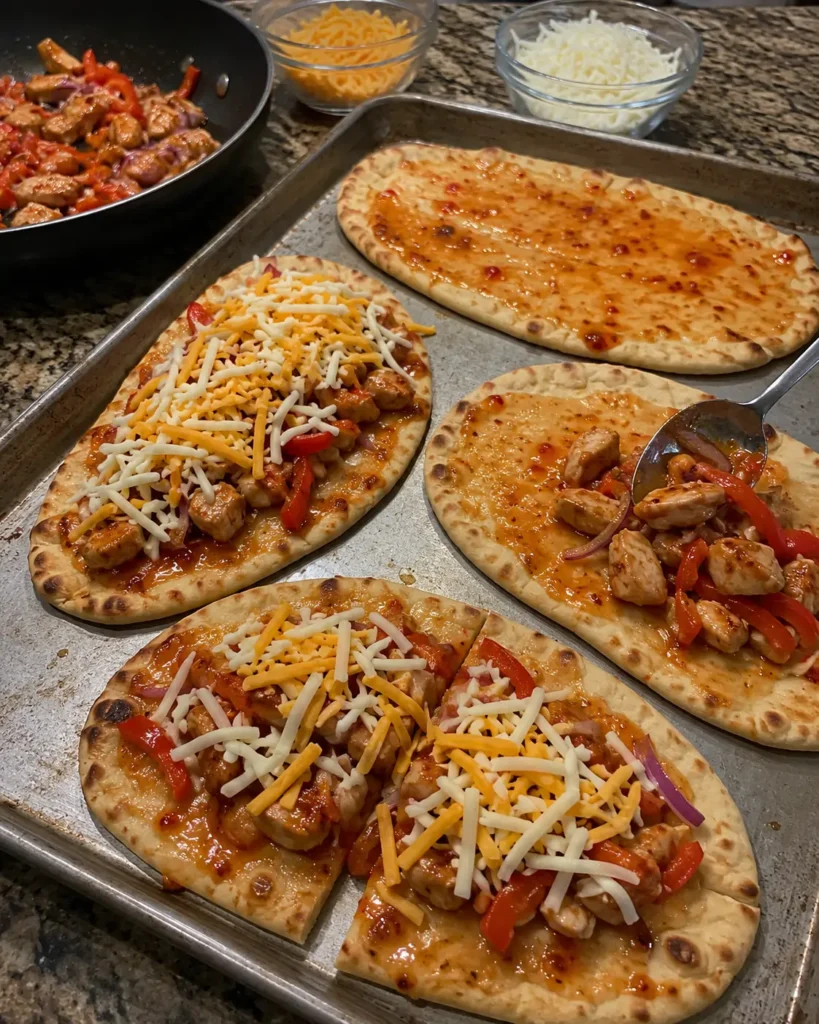 Assembling cheesy sweet chilli chicken flatbreads with cooked chicken, vegetables, sauce, and shredded cheese