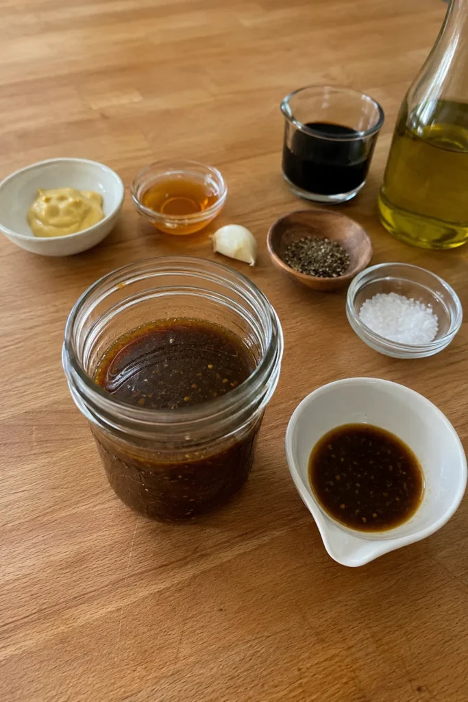 Balsamic Vinaigrette with olive oil, Dijon mustard, honey, garlic, and black pepper