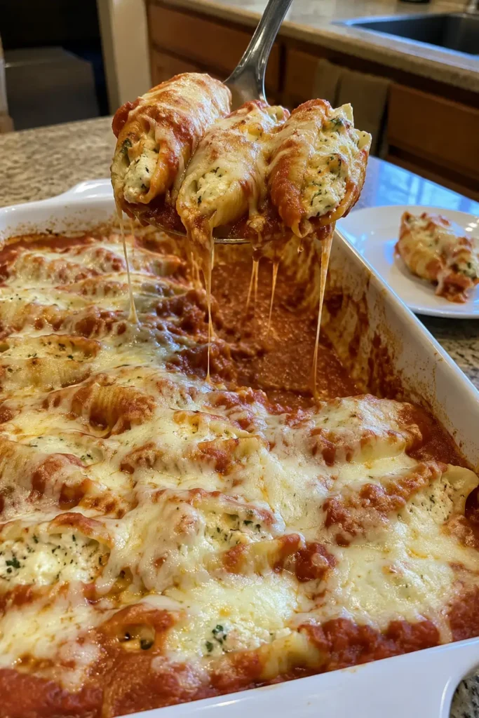 Stuffed Shells recipe lifted from a baking dish with melted mozzarella and marinara