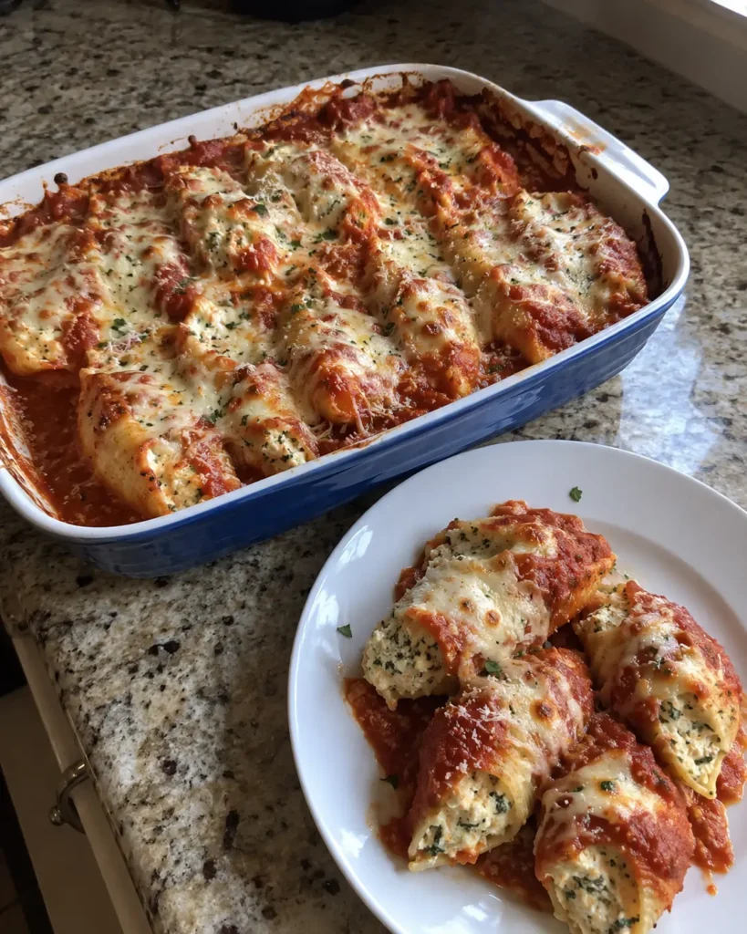 Stuffed Shells recipe baked with creamy ricotta, marinara sauce, and melted mozzarella