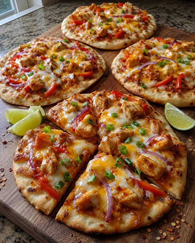 Cheesy sweet chilli chicken flatbreads topped with melted mozzarella, cheddar, red pepper, onion, and scallions