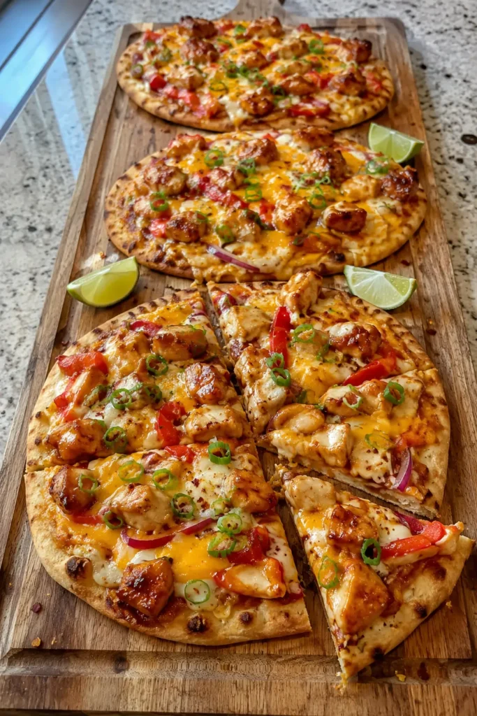 Cheesy sweet chilli chicken flatbreads arranged on a wooden serving board