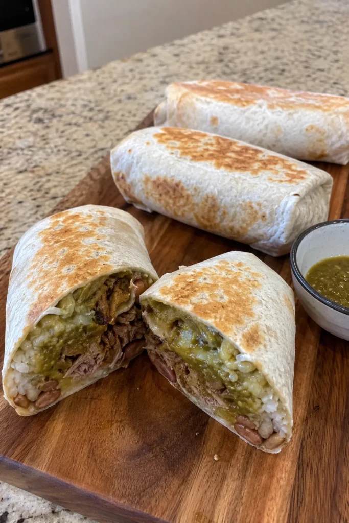 Chili Verde Hatch Burritos arranged on a wooden board with one burrito cut open