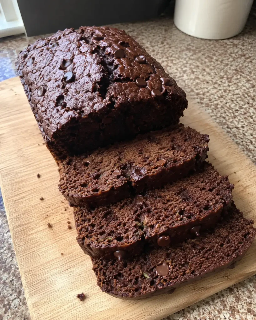 Chocolate Zucchini Bread loaf with moist chocolate slices and semisweet chocolate chips