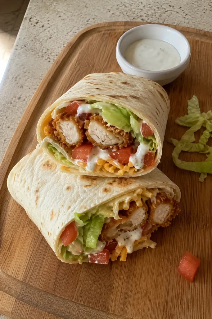 Two crispy chicken wraps on a cutting board with ranch dressing on the side