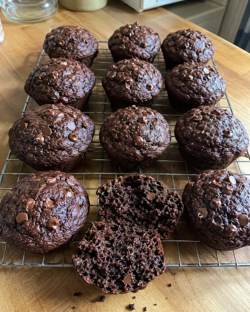 Double Chocolate Zucchini Muffins on a cooling rack with one muffin split open
