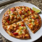 Sliced cheesy sweet chilli chicken flatbread served on a white plate