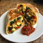 Toasted Veggie Breakfast Burrito halves showing soft eggs, vegetables, black beans, potatoes, and cheese