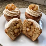 Cut-open Apple Pie Cupcakes showing cinnamon cake and a chunky apple center