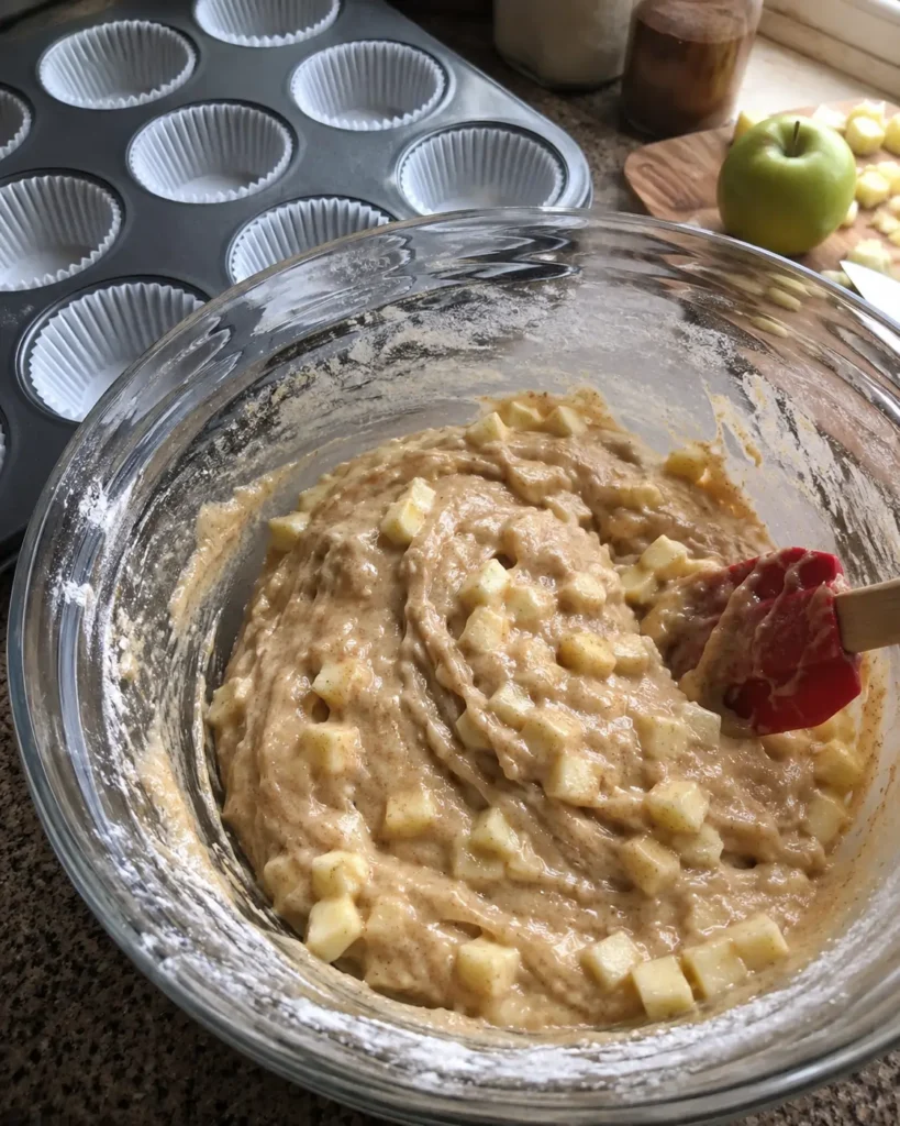 Finely diced apples being folded into Apple Cinnamon Muffins batter
