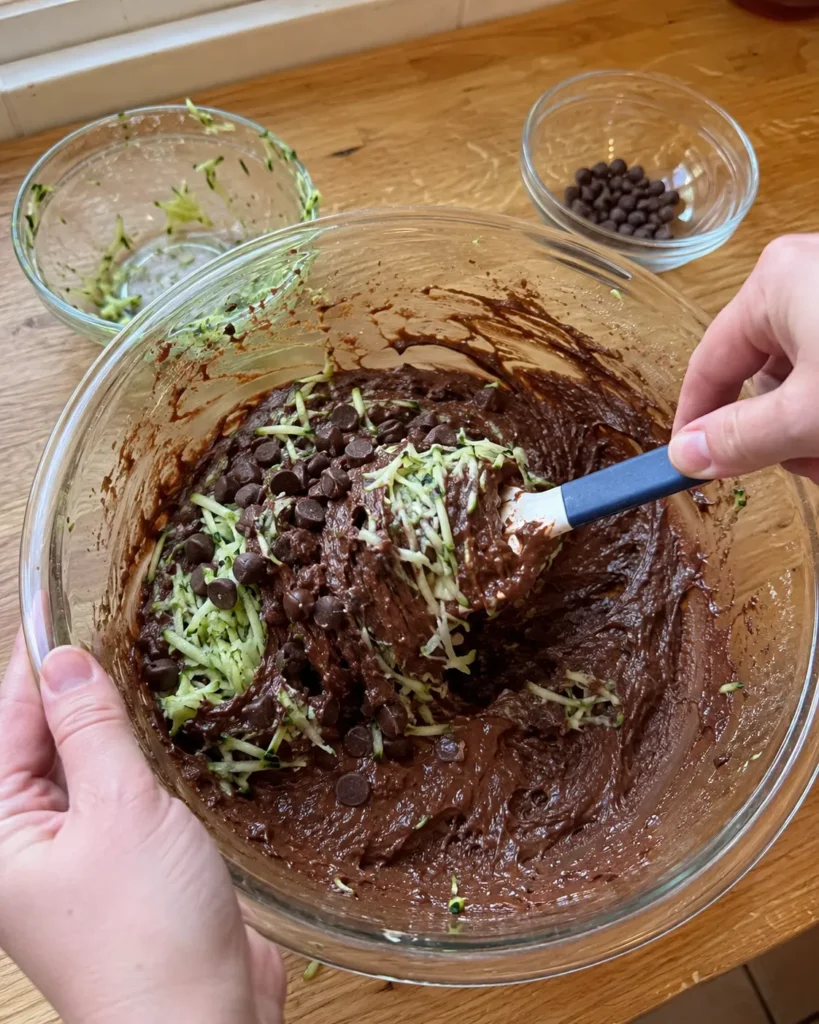 Shredded zucchini and chocolate chips being folded into batter for Double Chocolate Zucchini Muffins