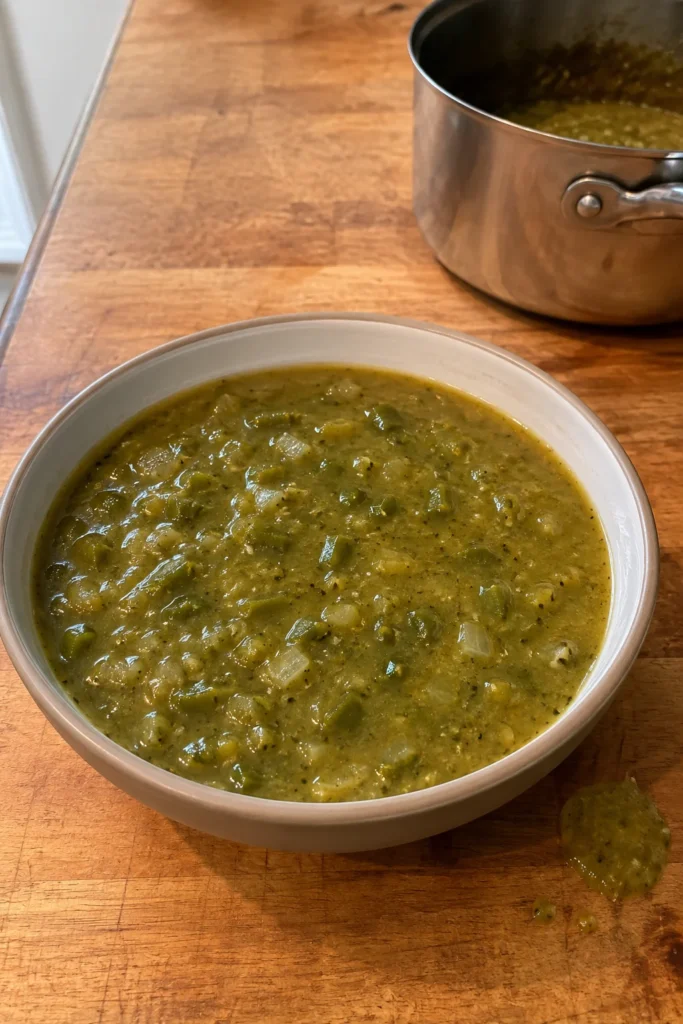 Homemade Hatch Green Chile Sauce photographed in a casual kitchen