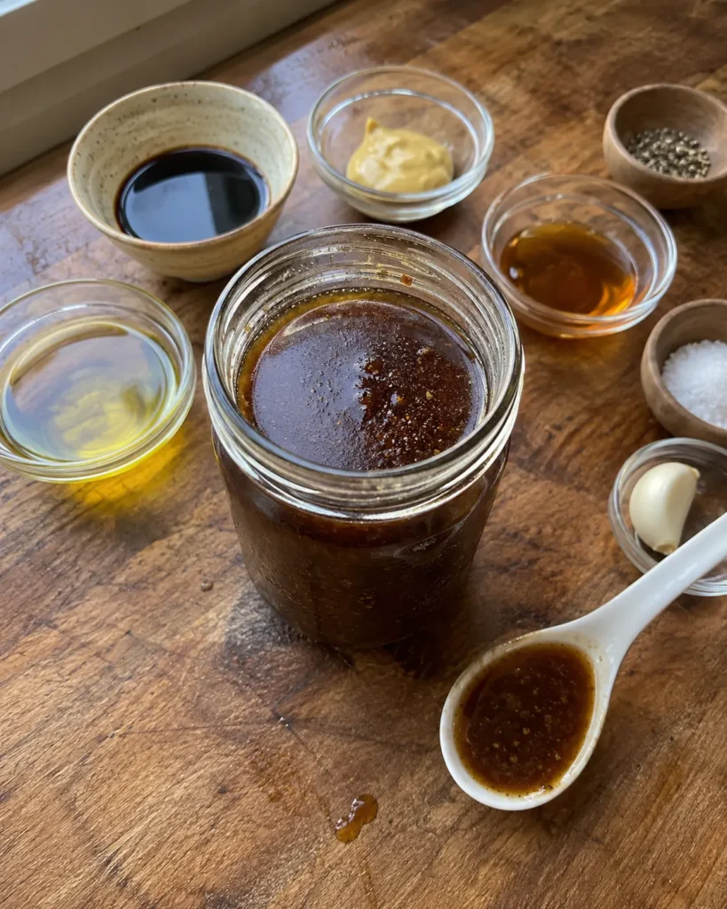 Balsamic Vinaigrette in a glass jar with a spoon showing its glossy texture