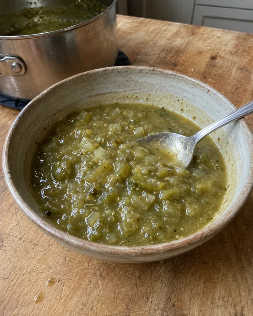 Hatch Green Chile Sauce in a ceramic bowl with visible roasted green chile pieces