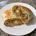 Cut Chili Verde Hatch Burritos showing green chile pork, cooked rice, pinto beans, and melted cheese