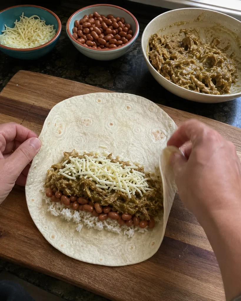Assembling a Chili Verde Hatch Burrito with rice, pinto beans, pork filling, and Monterey Jack cheese