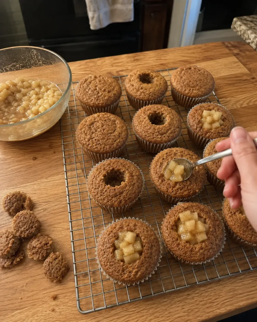 Filling cooled cinnamon cupcakes with homemade apple pie filling