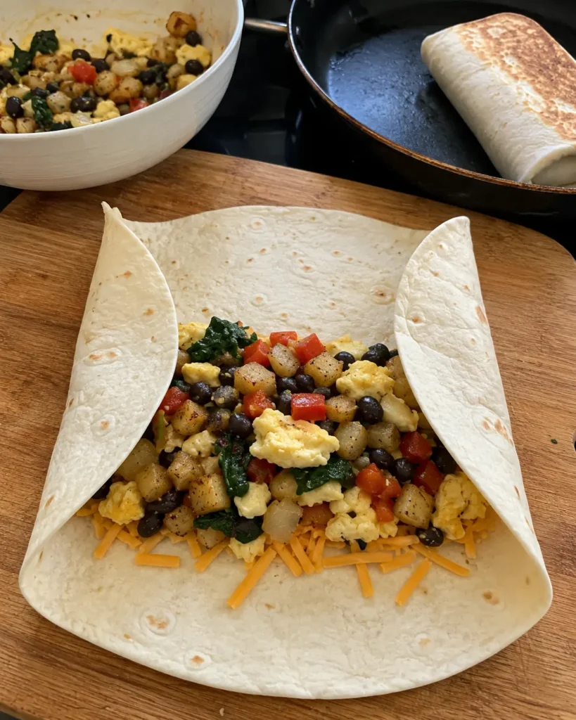 Veggie Breakfast Burrito filling arranged on a flour tortilla before folding