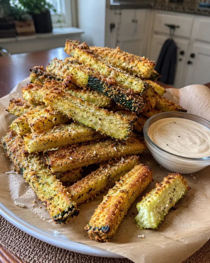 Crispy Keto Zucchini Fries stacked on parchment with a bowl of dipping sauce