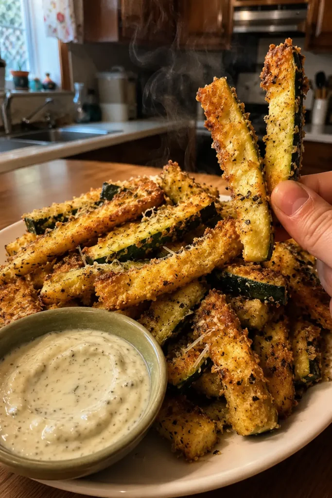 Tall plate of crispy Keto Zucchini Fries with a dipping bowl