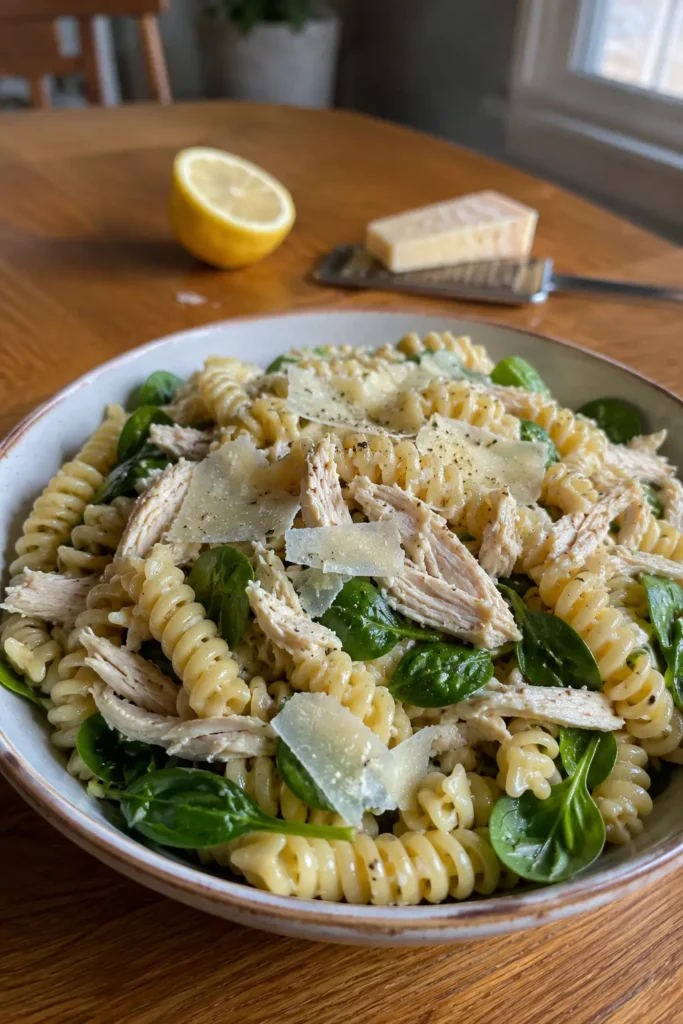 Tall bowl of Lemon Parmesan Chicken Pasta Salad with parmesan curls, halved lemon in the background