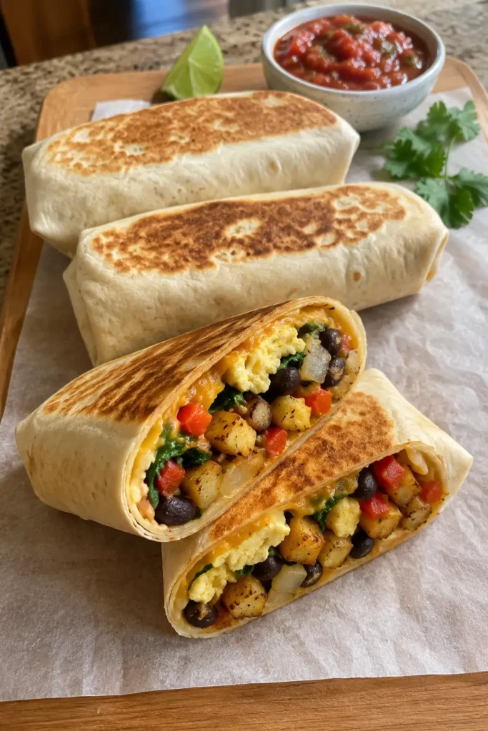 Make-ahead Veggie Breakfast Burrito with eggs, black beans, potatoes, spinach, peppers, and cheese