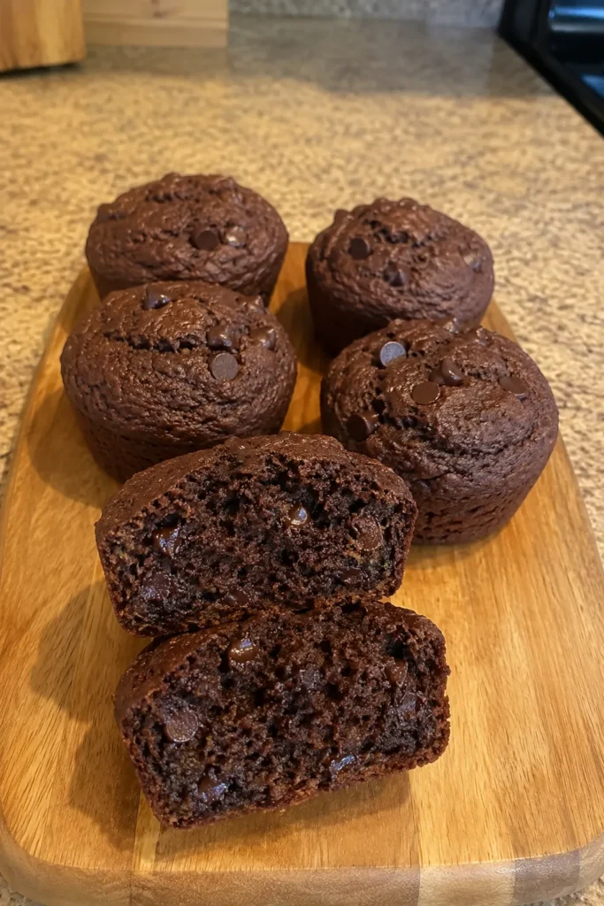 Double Chocolate Zucchini Muffins stacked on a wooden board for a vertical Pinterest image