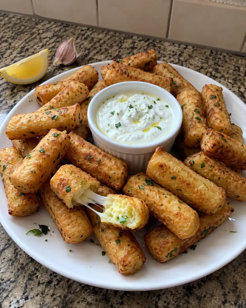 Potato Cheese Sticks with Garlic Yogurt Sauce piled on a white plate with the dip in the center
