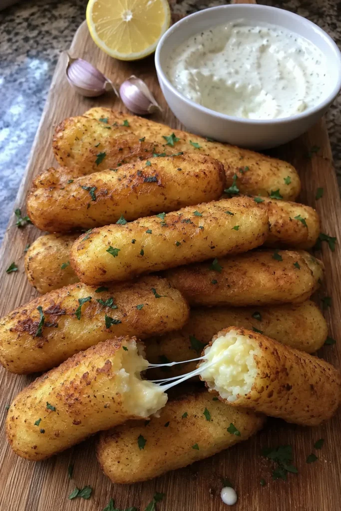 Vertical view of Potato Cheese Sticks with Garlic Yogurt Sauce on a wooden board with a lemon half