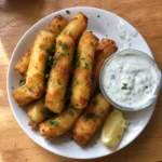 Close overhead view of potato cheese sticks with a bowl of garlic yogurt sauce beside them