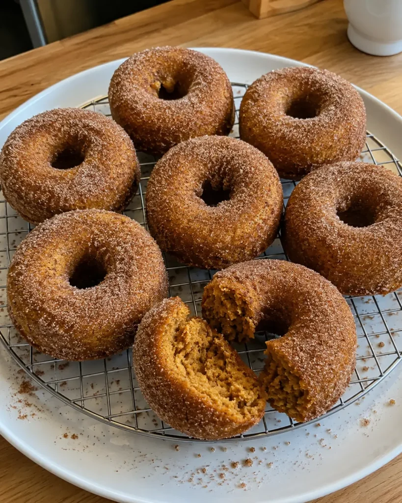 Pumpkin Spice Baked Donuts coated with cinnamon sugar on a cooling rack