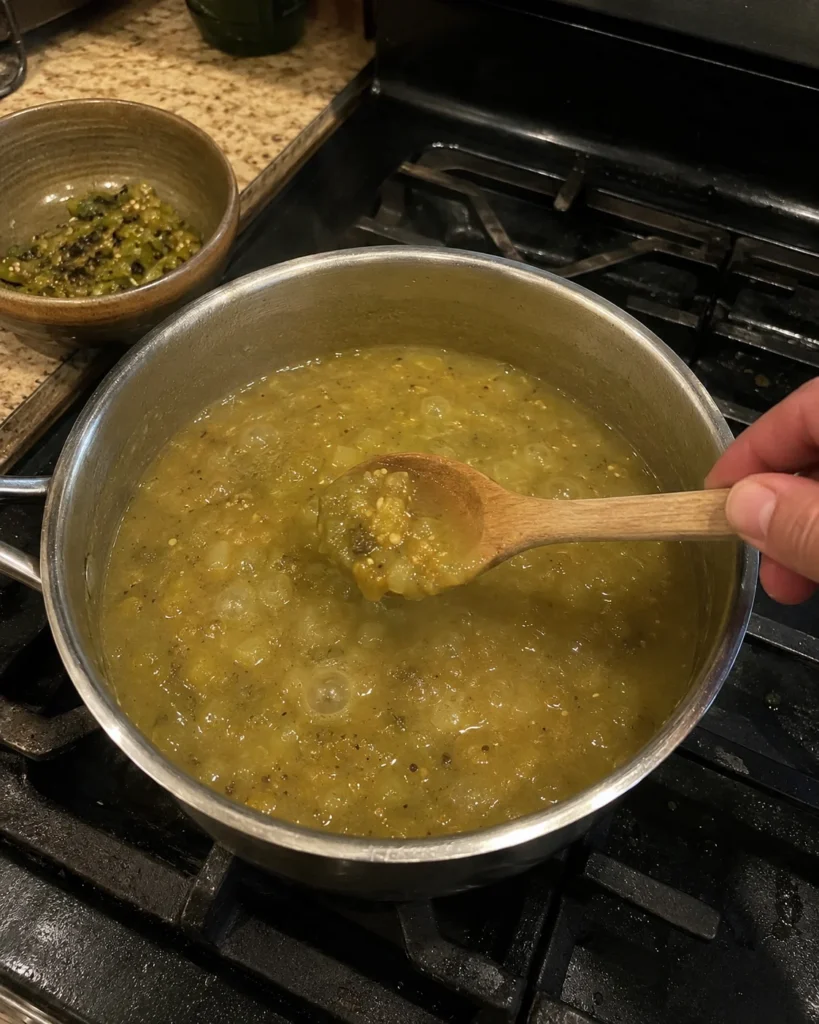 Hatch Green Chile Sauce simmering in a saucepan until lightly thickened