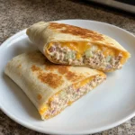 Golden Tuna Melt Wrap halves served on a white plate