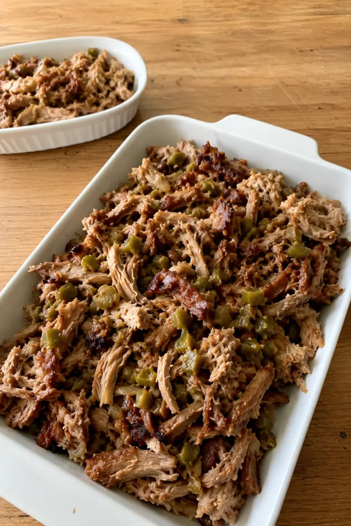Vertical view of Tender Slow Cooker Hatch Green Chili Pork Carnitas Recipe with roasted chile and browned pork edges
