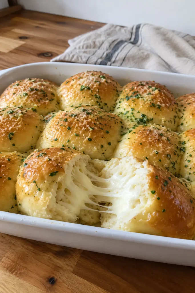 Soft and cheesy mozzarella stuffed bread arranged in a baking dish with one roll pulled open