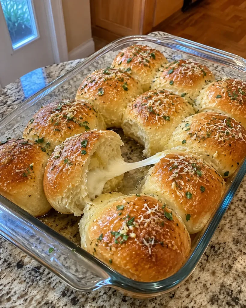 Soft and cheesy mozzarella stuffed bread with golden garlic-butter rolls and melted cheese inside