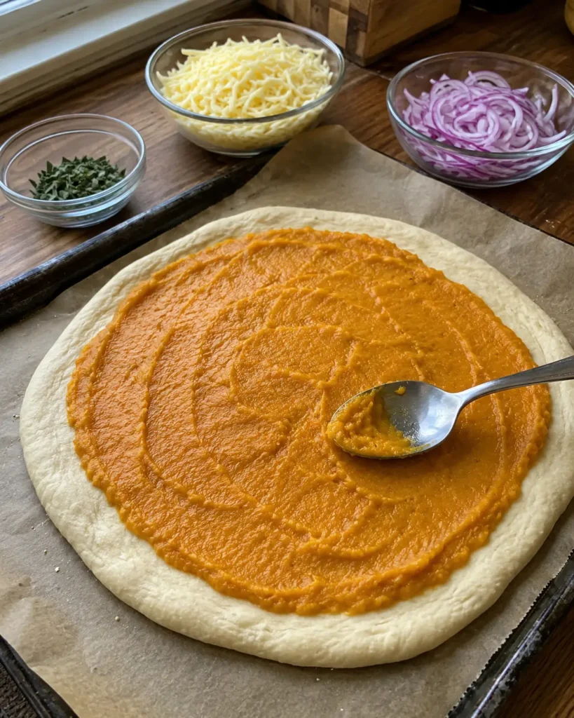 Pumpkin purée spread thinly over dough for 5 Ingredient Pumpkin and Gouda Pizza