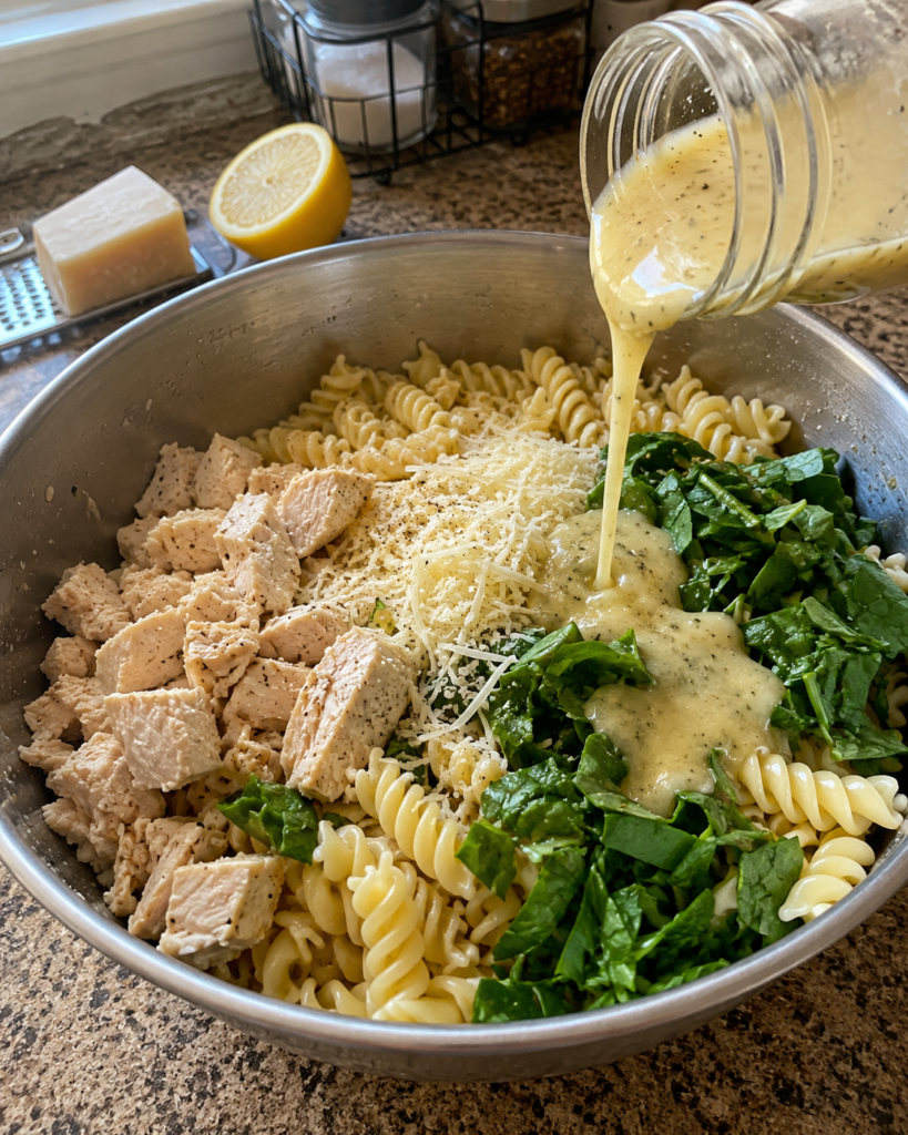 Pouring lemon-garlic vinaigrette over rotini, chicken, and spinach for chicken pasta salad