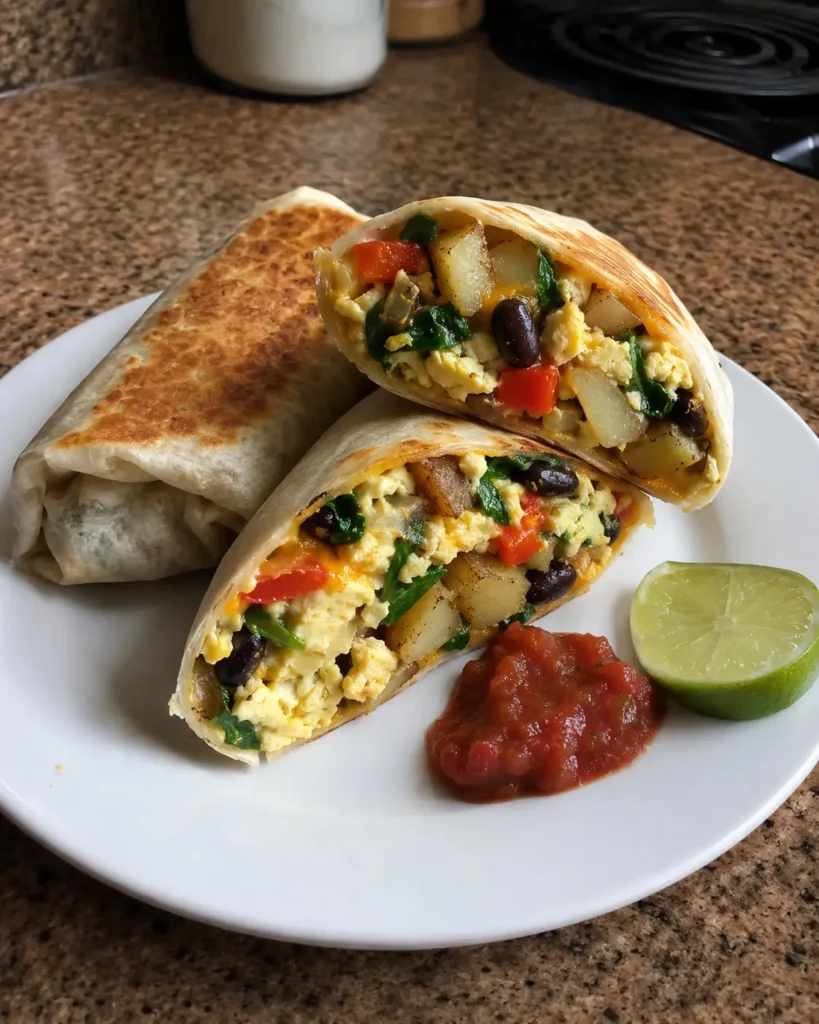 Veggie Breakfast Burrito cut in half with eggs, black beans, potatoes, peppers, spinach, and melted cheese