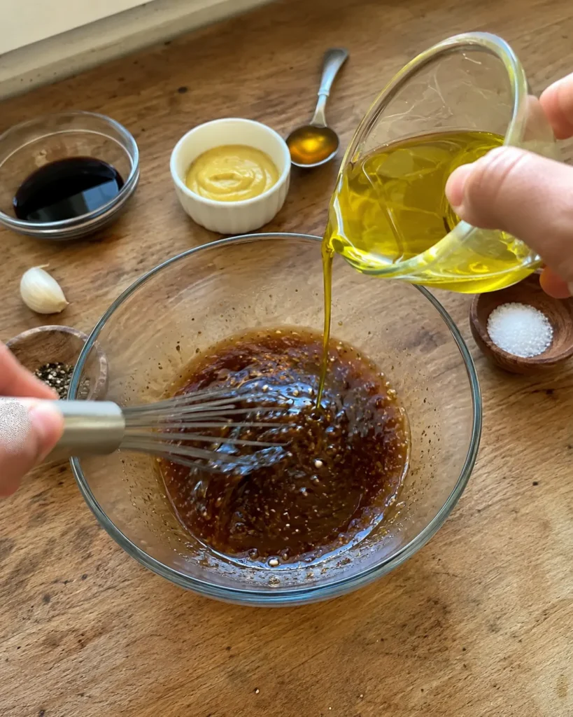 Slowly whisking olive oil into Balsamic Vinaigrette ingredients