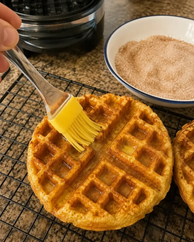 Brushing warm Churoffles with melted butter before adding cinnamon sugar