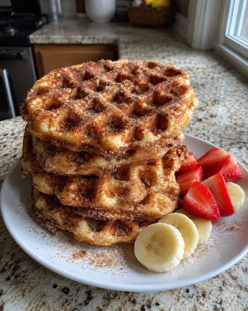 Churoffles stacked on a plate with a buttery cinnamon-sugar coating