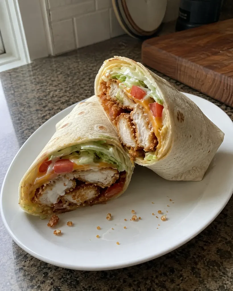 Crispy chicken wraps cut in half on a white plate showing golden panko crust and fresh fillings