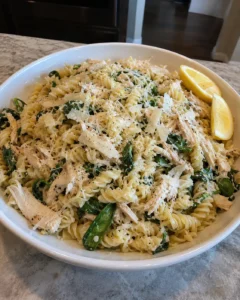 Lemon Parmesan Chicken Pasta Salad in a white serving bowl topped with shaved parmesan and lemon wedges