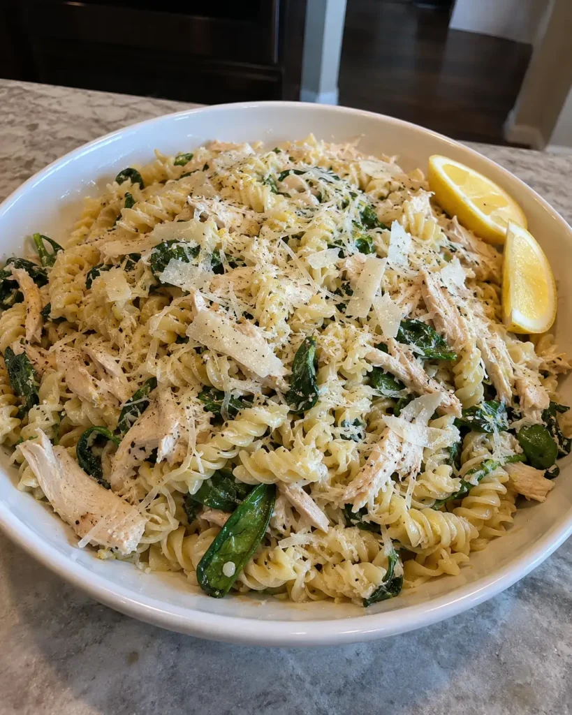 Lemon Parmesan Chicken Pasta Salad in a white serving bowl topped with shaved parmesan and lemon wedges